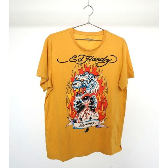 Vintage Ed Hardy Traditional Tattoo Flash Graphic Tee Shirt Yellow Medium - Picture 1 of 5